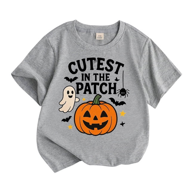 MIASHUI T-Shirt Graphique Citrouille d'Halloween à Manches Courtes pour Garçons et Filles, Confortable et Décontracté, Gris, 7-8 Ans