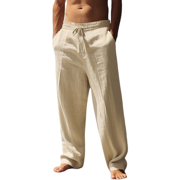 Men's Linen Blend Elastic Waist Drawstring Wide Leg Casual Beach Pants Khaki S