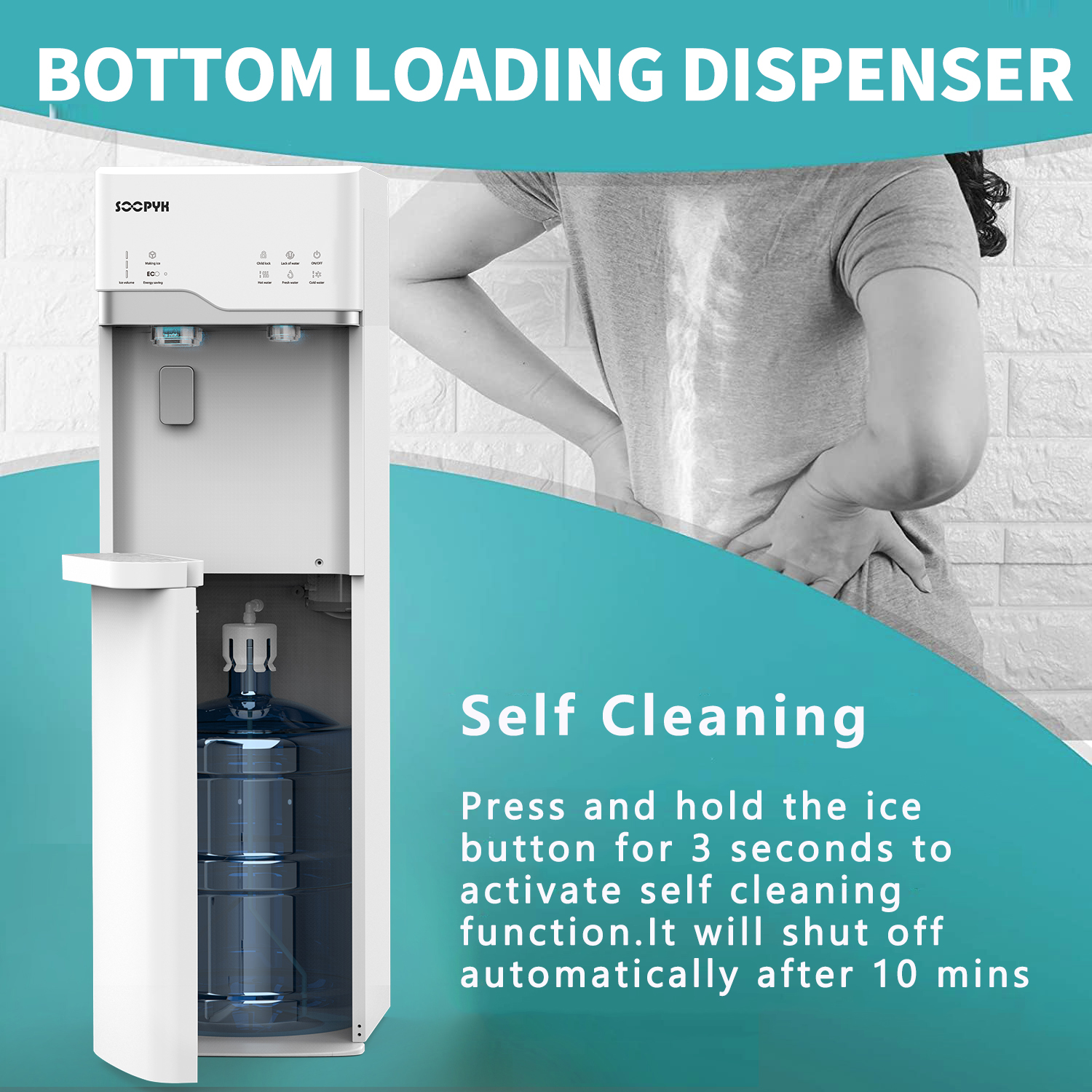 SOOPYK Self Cleaning 4 in 1 Water Cooler Dispenser with Ice Maker Bottom Load for 5 Gallon 3 Temperature Settings 22lbs Daily Capacity White