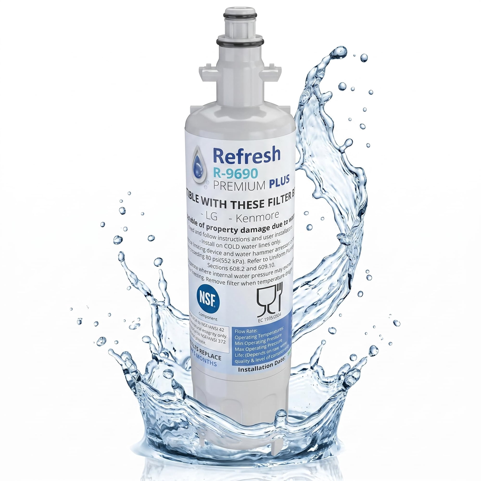 Refresh Plus R-9690 Refrigerator Water Filter Replacement for LG LT700P, LT700PC, ADQ36006101, ADQ36006101-S, NSF/ANSI 53 & 42, 6-Month, 1-Pack