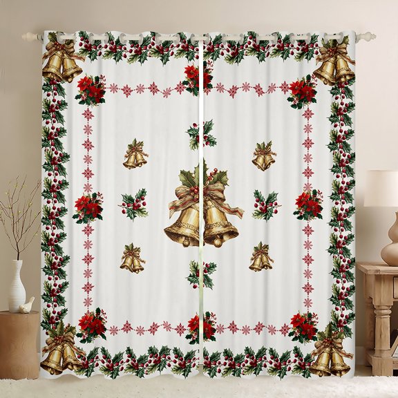 Homewish Golden Bell Black Out Curtains for Teens Boys Girls,Merry Christmas Curtains Pack of 2 (42x63 Each),Xmas Chic Flower Bedroom Curtains,Super Cozy Room Decor