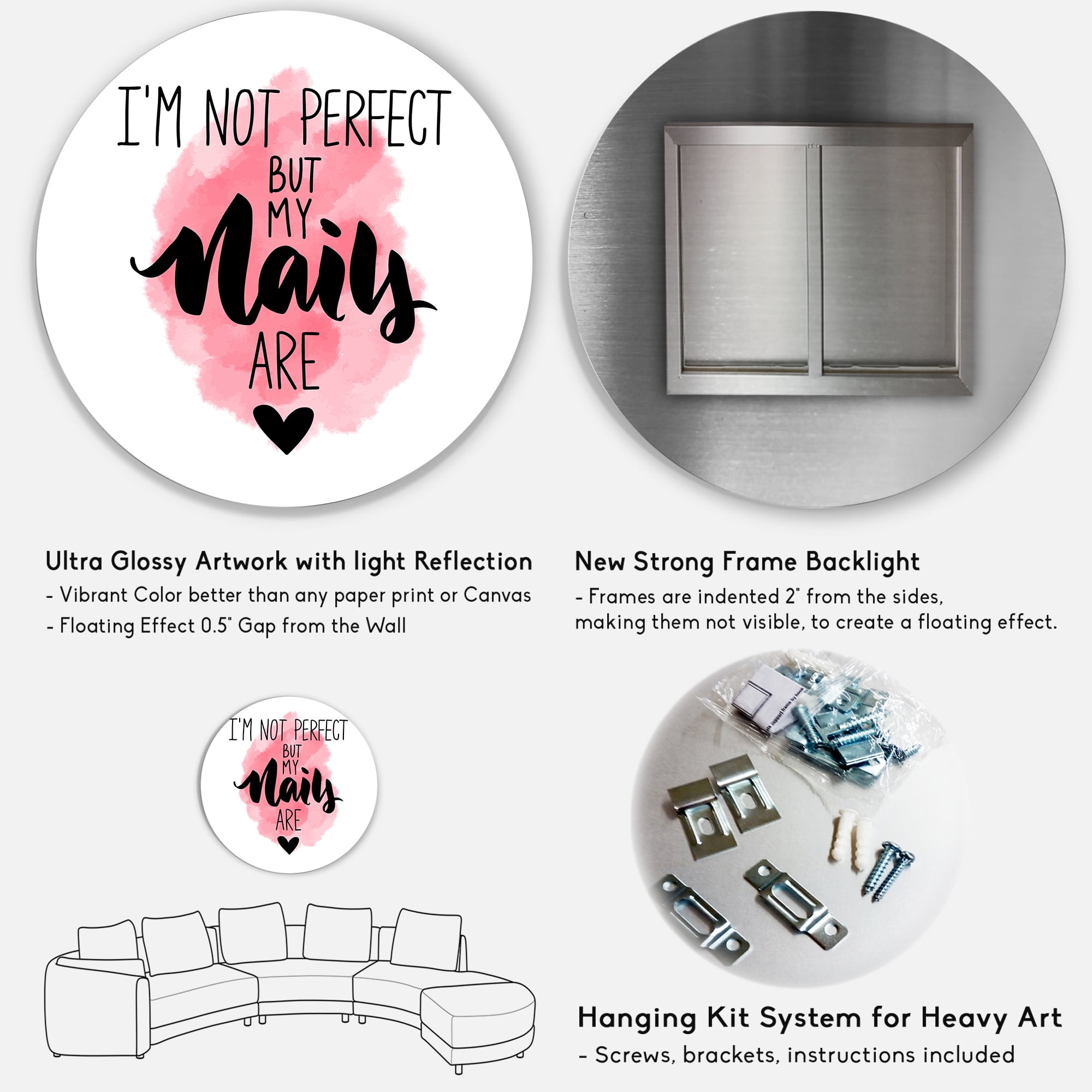 Designart 'I Am Not Perfect But My Nails Are on Pink Background' Modern Circle Metal Wall Art 11x11 - Disc of 11