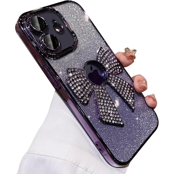 for iPhone 12 Case Women Cute Bowknot Glitter Rhinestone Bling Plating Luxury Women Girl Phone Case,Shine Diamond Case for iPhone 12 Protective Cover,Clear Gradient Purple