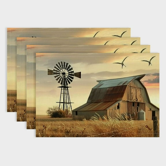 Fenyluxe Barn Windmill Field 4pcs Placemat Set - Linen Table Mat for Birthday Parties, Christmas, Restaurants, Buffets, Home Decoration 18x12in
