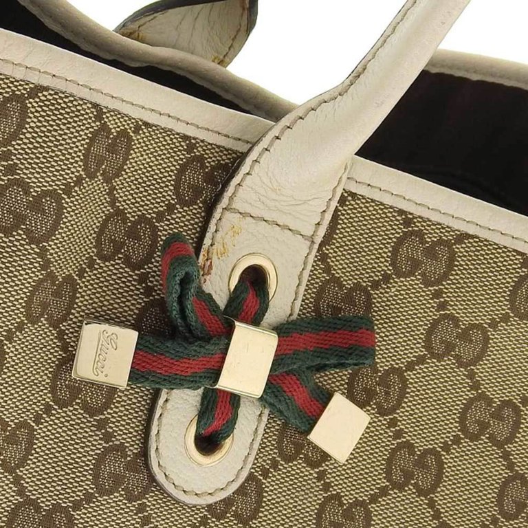 Gucci Sherry GG Canvas Leather Tote Bag Beige - Preloved