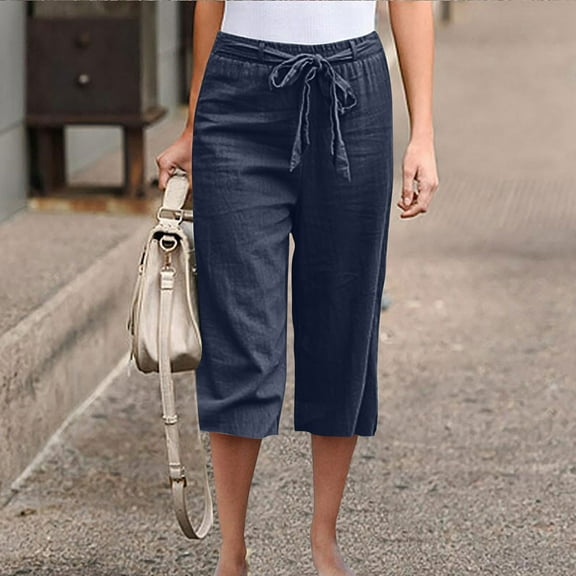 aidice Plus Size Womens Linen Cotton Shorts Capris Pants for Women Casual Summer Drawstring Elastic Waisted Shorts