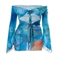 thumbnail image 2 of Femmes Papillon Imprimé Mini-Robe Manches Longues Profonde V-Cou Creux Lacets Bodycon, 2 of 7