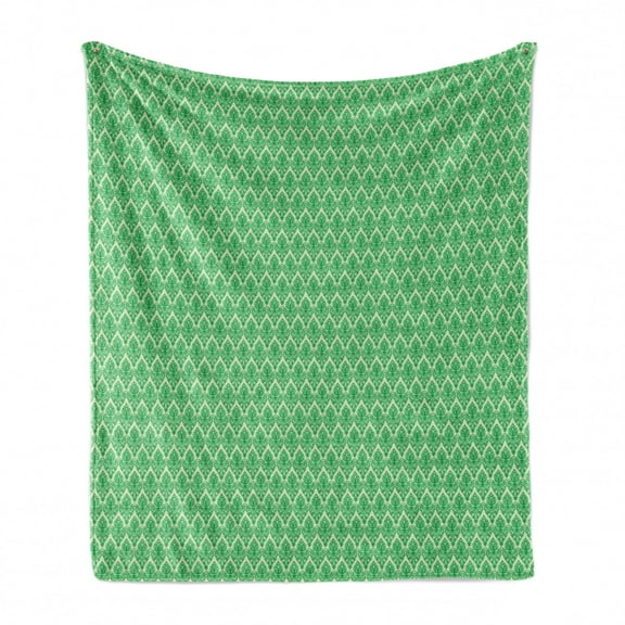 Oriental Soft Flannel Fleece Throw Blanket, Damask Inspired Pattern in Monochrome Style Curves and Strokes, Cozy Plush for Indoor and Outdoor Use, 70" x 90", Jade Green Pastel Green, by Ambesonne