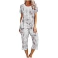 thumbnail image 2 of Soldes Aujourd'hui Liquidation Iumwxz Pyjamas Décontractés Fluides Tenues d'Été pour Femmes Teinture sur Nœuds Graphique Col Rond Manches Courtes Taille Élastique Pantalons Raccourcis Ensembles pour Vacances, 2 of 6