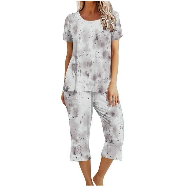 Pijamas de Verano para Mujeres, Suelto Impreso Manga Corta Superior Y Pantalones Recortados, Cuello Redondo Casual
