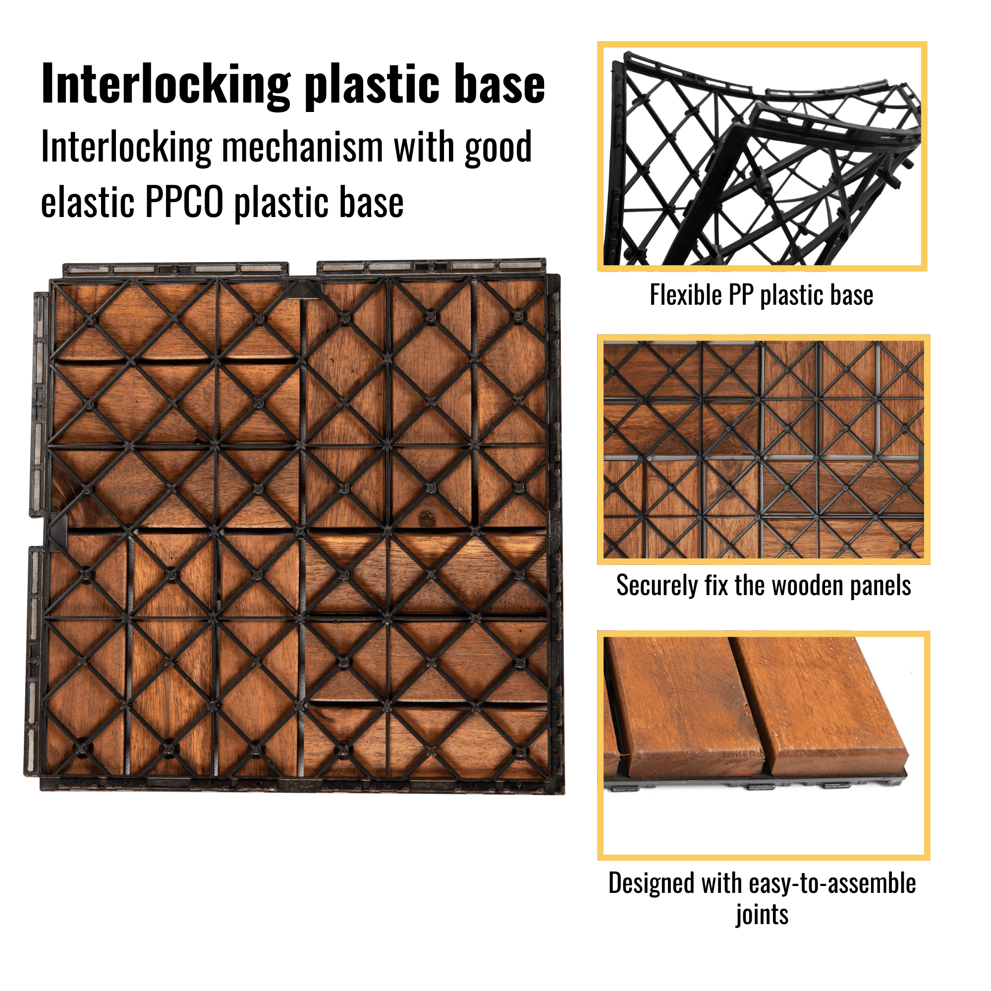 20-Pack Waterproof Interlocking Deck Tiles,12"x12" Plastic Patio Tiles for Indoor Outdoor Use,Patio Floor Decking Tiles for Garden Lawn Porch Poolside Balcony,Brown