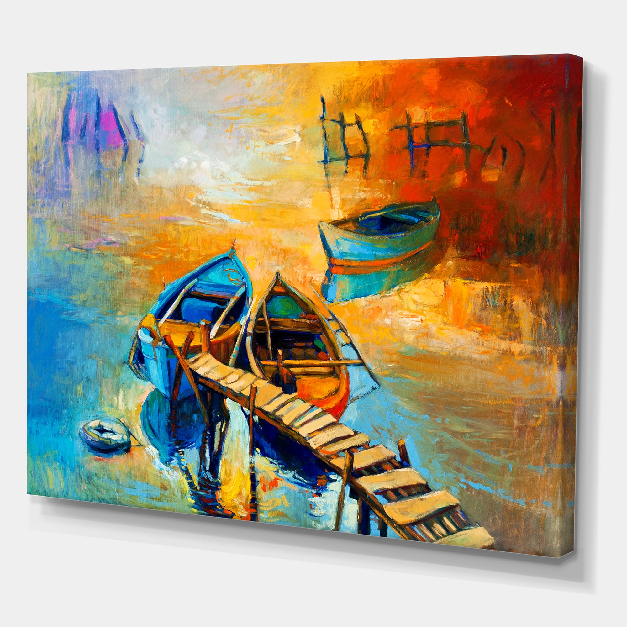 Boat At The Lake During Evening Glow V 12 in x 8 in Painting Canvas Art Print, by Designart