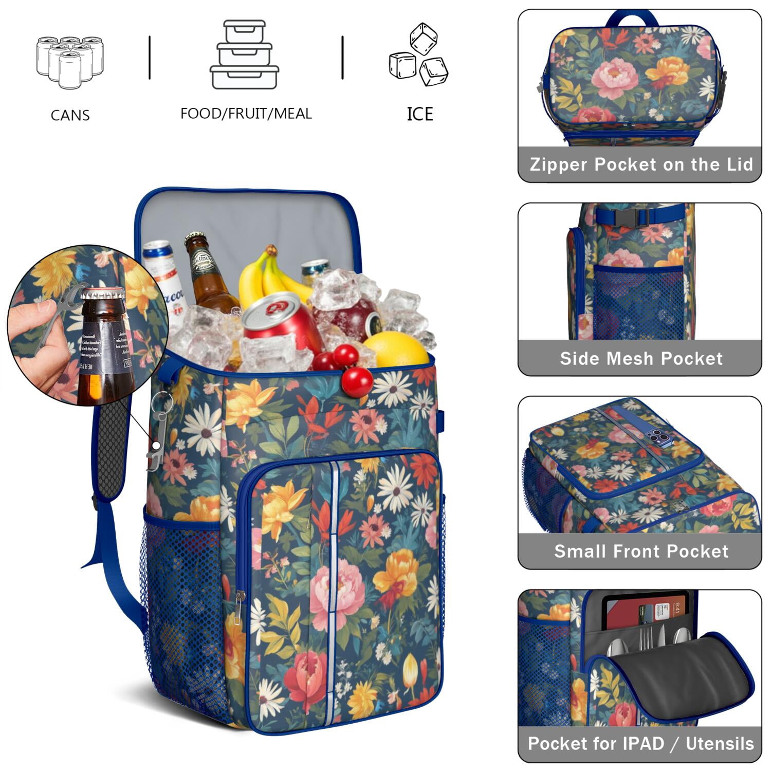 Travel Cooler Bag - Pioneer Flower Camping Beer Cooler Backpack with Bottle Opener- Waterproof Insulated Picnic Backpacks - Cooler Bag for Beach