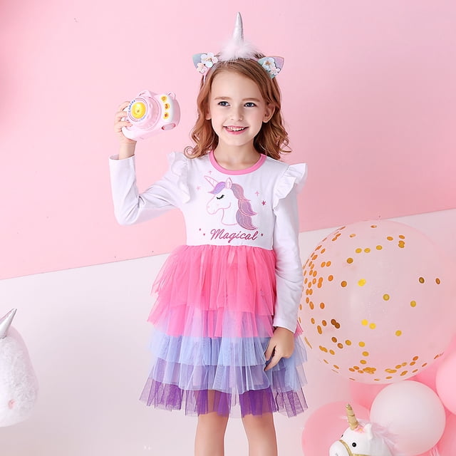 AAMILIFE Robe Princesse pour Filles Unicorn à Paillettes à Manches Longues Robe d'Automne Robe d'Anniversaire pour Enfants Robe de Mariage en Tulle Vêtements pour Enfants