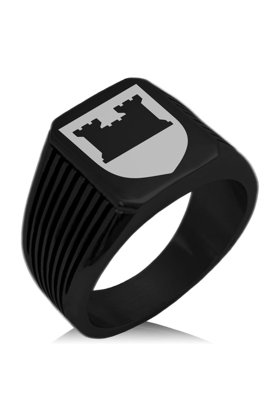 Stainless Steel Castle Protection Coat of Arms Shield Needle Stripe Pattern Biker Style Polished Ring