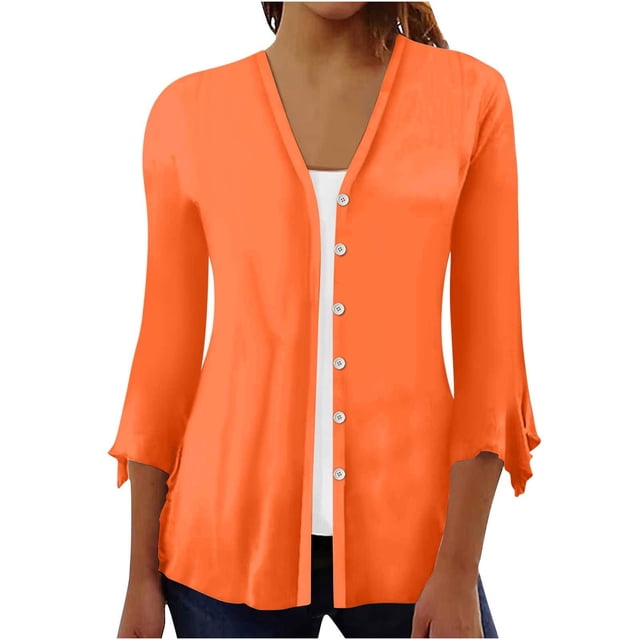ICHUANYI Clearance Women's Floral Print Puff Sleeve Cardigan Loose Cover Up Blouse Tops 3/4 Sleeve Ruffle Open Front Button Cardigan(Orange, L) ICHUANYI WER2023081201232