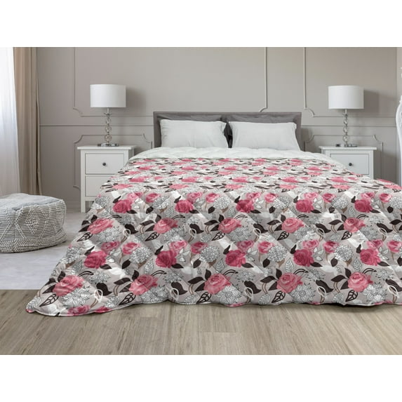 Floral Down Alternative Comforter, Romantic Different Spring Garden Blooming Flowers Drawing on Plain Backdrop, Microfiber Quilt for All Season, 5 Sizes, White Multicolor, by Ambesonne