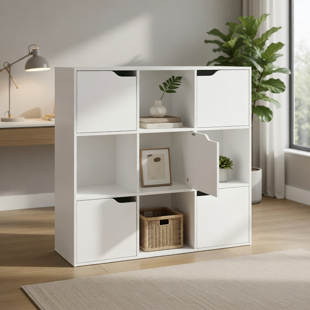 Topcobe Free Standing 9 Cube Storage Wood Divider Bookcase for Home and Office, Tall Bookshelf Modern Book Case for Books, CDs, Movies, White