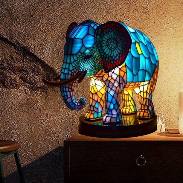 Lámpara de Mesa de Animales, Luz Nocturna, Lámpara Decorativa de Escritorio, Lámpara de Mesa de Resina Teñida, Luz de Lectura para Estudio, Cafetería, Elefante