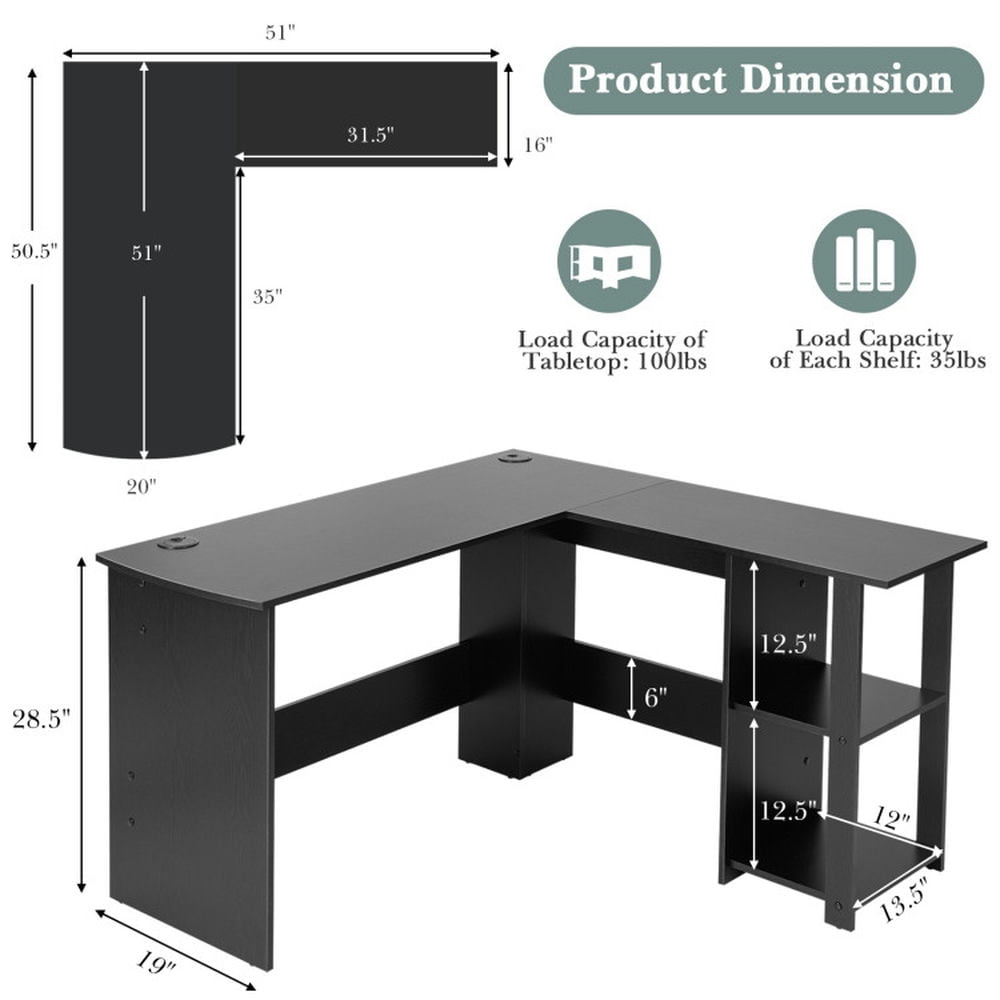 Demi Bonn L Shaped Corner Computer Desk with Storage Shelves, Small Home Office Desk Study Writing Table, Black