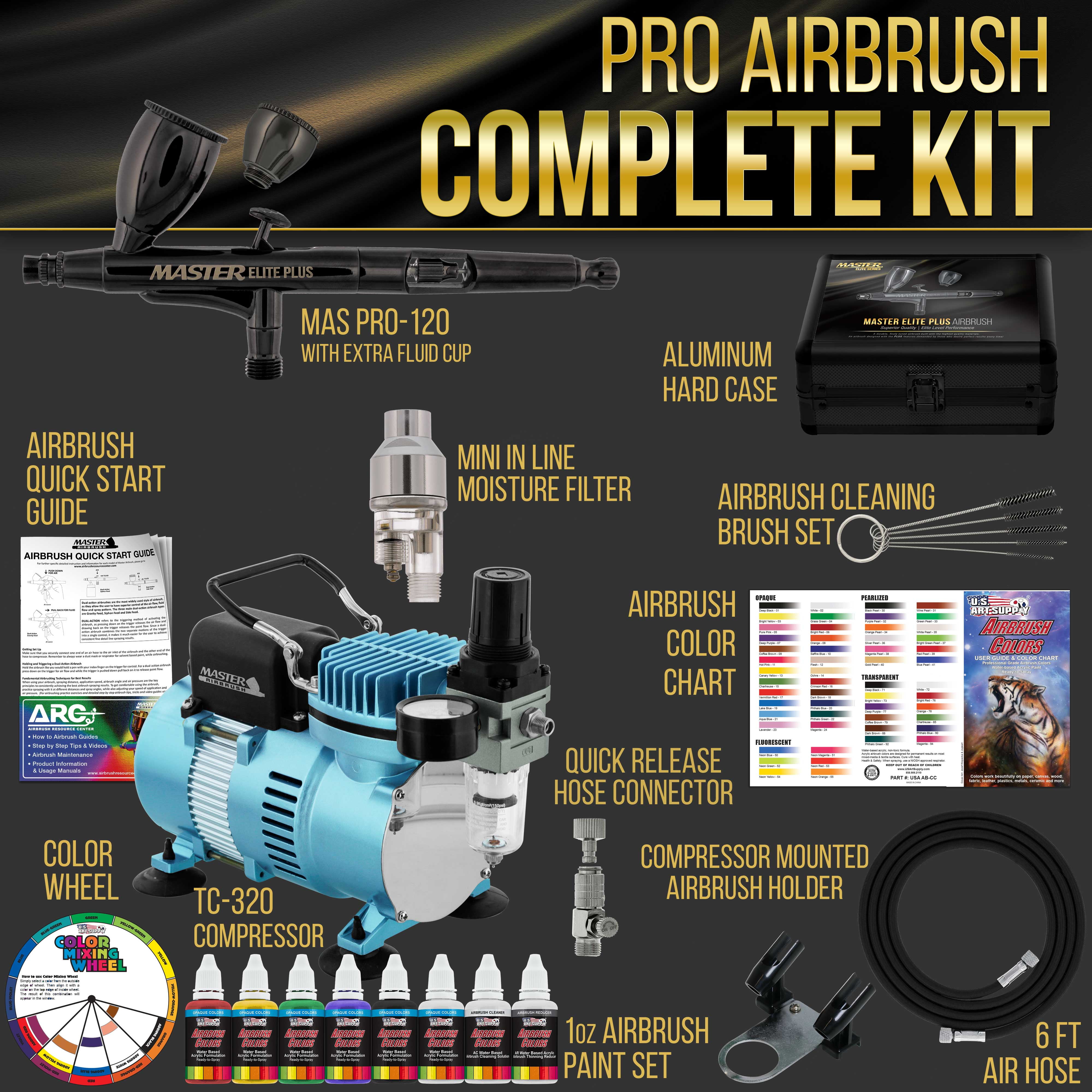 Master Airbrush Cool Runner II Dual Fan Air Compressor System Kit with Master Elite Plus Elite Level Performance Airbrush Set, Case, Dual-Action, 0.3mm Tip, 2 Cups, 6 Color Acrylic Paint Artist Set
