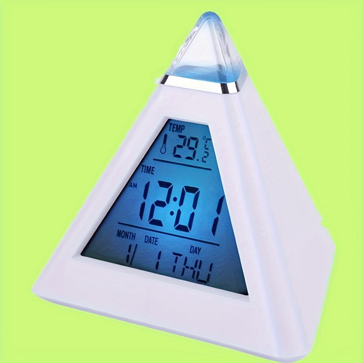 Vibrant 7-Color Changing Pyramid LED Digital Alarm Clock - Battery Powered, Quiet, Music & Snooze Mode, Night Light, Desk Decoration for Bedroom Office