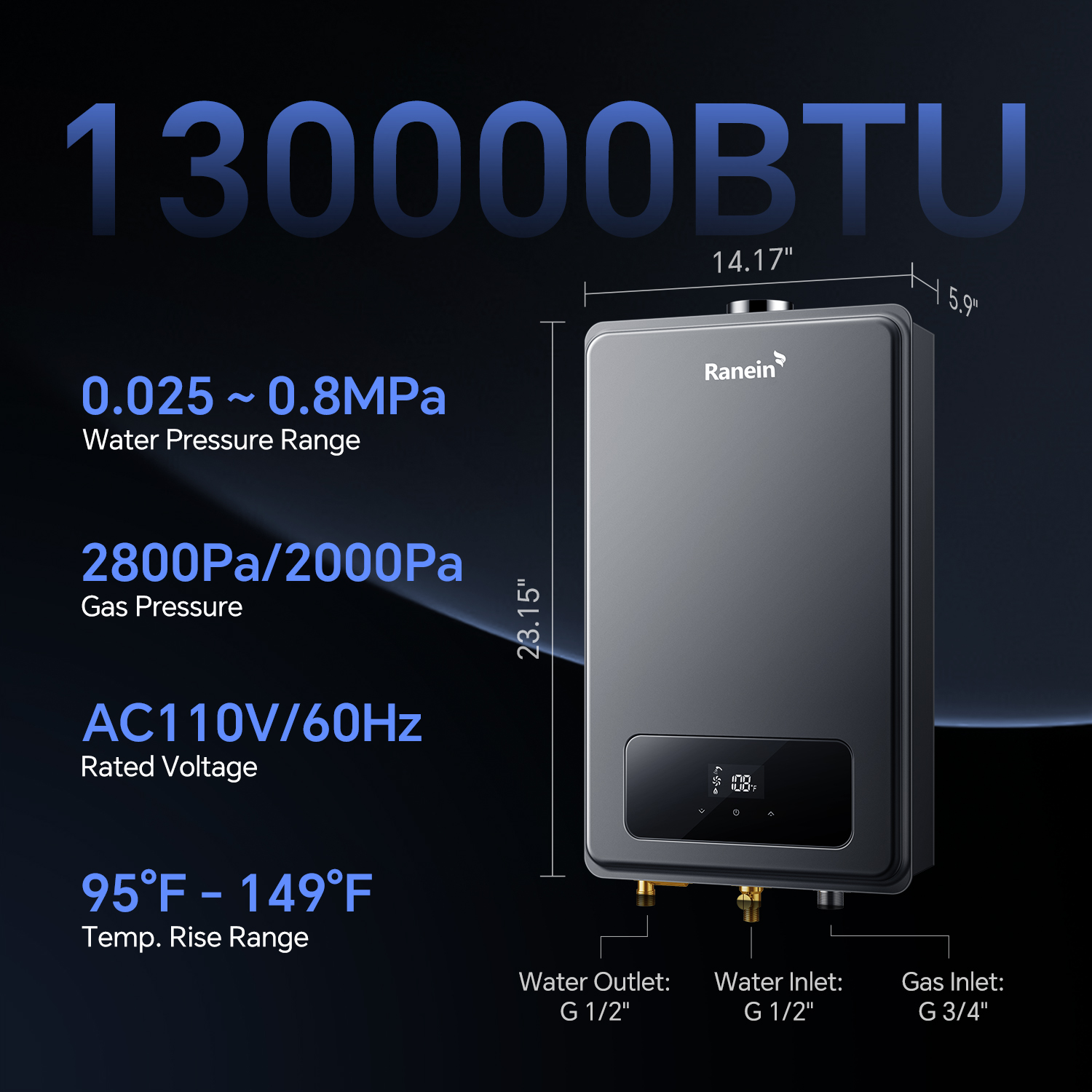 Ranein Propane Gas Tankless Water Heater, Indoor Max 5.3 GPM, 130,000 BTU Instant Hot Water Heater