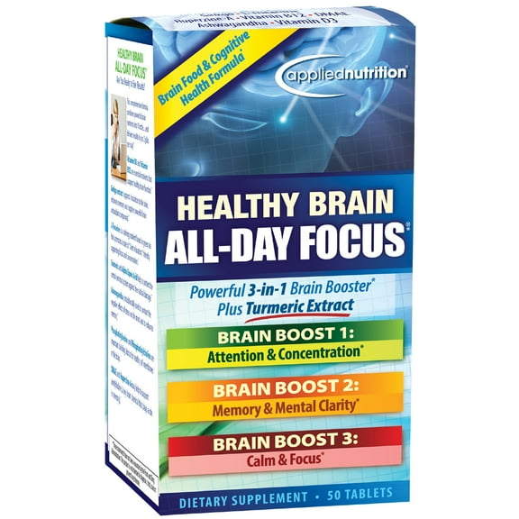 Applied Nutrition Healthy Brain All-Day Focus - 50 Tablets - Powerful 3-in-1 Brain Booster with Turmeric Extract - 25 Servings