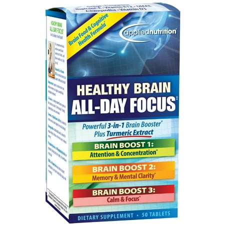 Applied Nutrition Healthy Brain All-Day Focus - 50 Tablets - Powerful 3-in-1 Brain Booster with Turmeric Extract - 25 Servings
