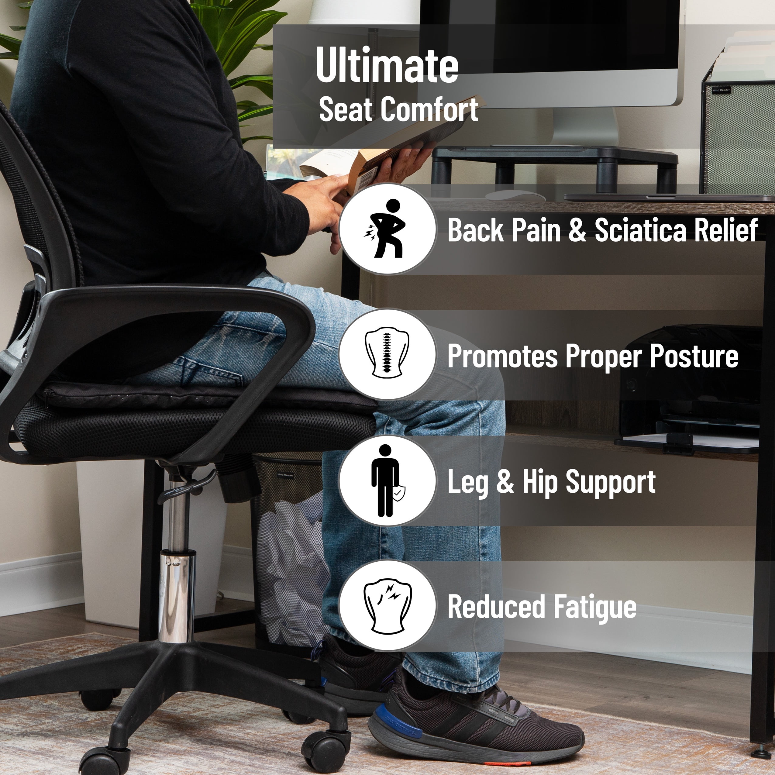 Mind Reader Seat Cushion with Gel Core, Ergonomic Pressure Relief for Tailbone, Hip, Coccyx & Sciatica Pain, Office, Car, Wheelchair, Black