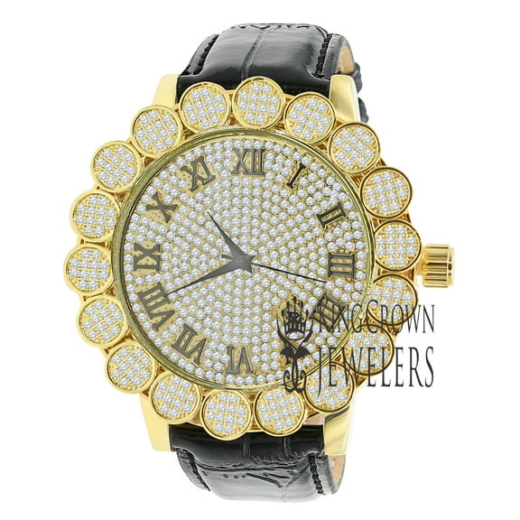 Mens Flower Cluster Bezel Real Diamond Dial Designer Watch Roman Numbers Gold Finish Genuine Leather Band