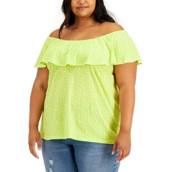 MSRP $57 Style & Co Plus Size Cotton Printed Off-The-Shoulder Top Green Size 2X