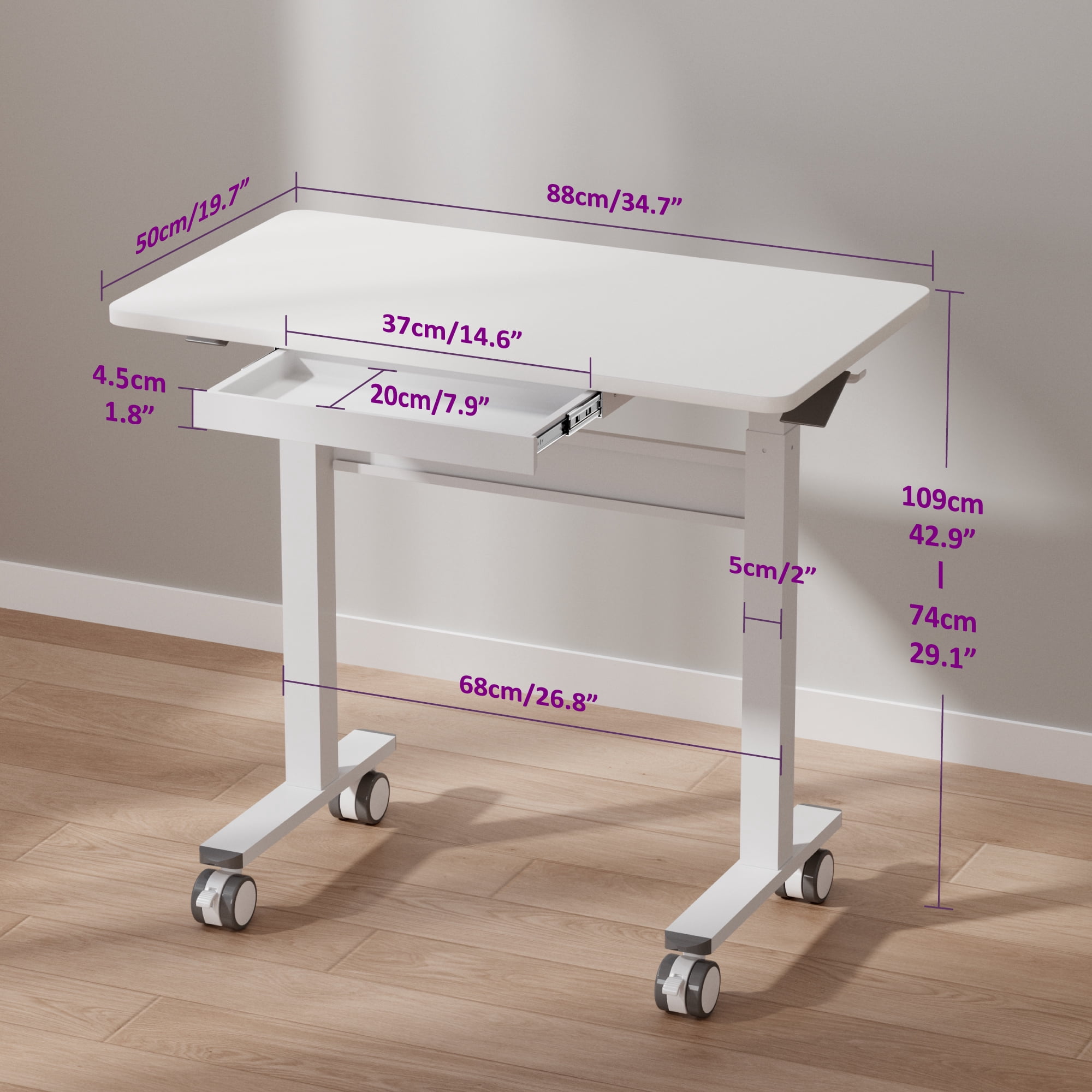 WHIFEA Mobile Standing Rolling Desk – White Sit Stand Up Desk with Drawer, Pneumatic Height Adjustment, Lockable Wheels, Adjustable Home Office Desk for Computer & Walking Pad