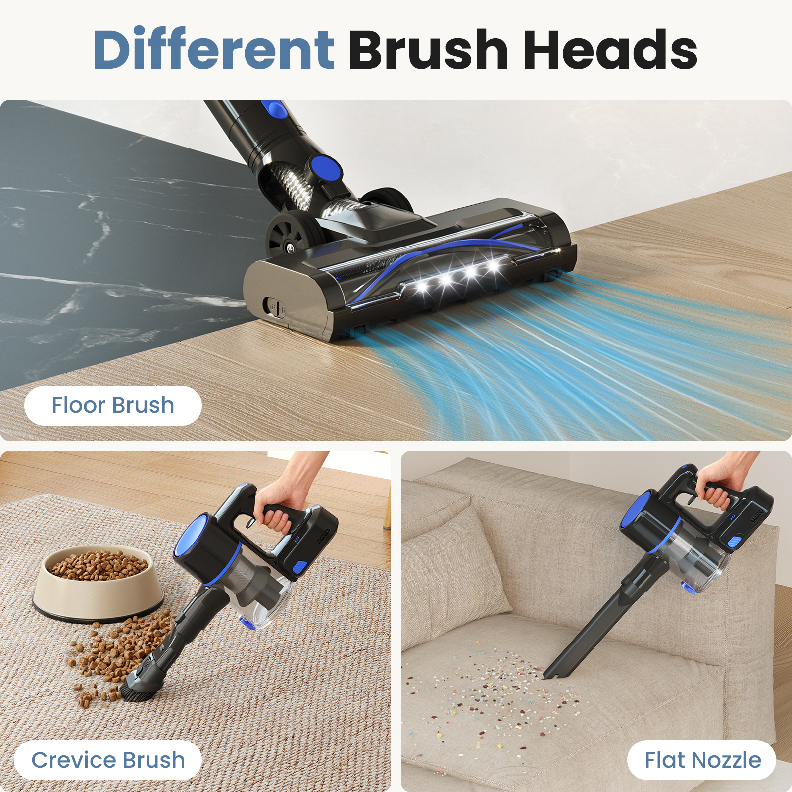 MCQ 3-in-1 Cordless Stick Vacuum Cleaner, Lightweight with LED Headlight for Carpet, Floor & Pet Hair, Black-Blue