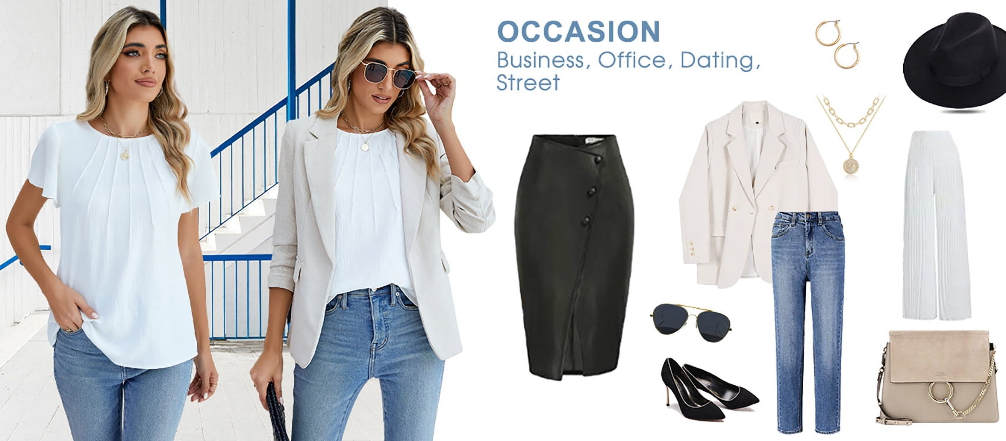 Fantaslook Pleated Blouses for Women Dressy Casual Tops Business Work Shirts Ruffle Sleeve Crew Neck Summer Outfits