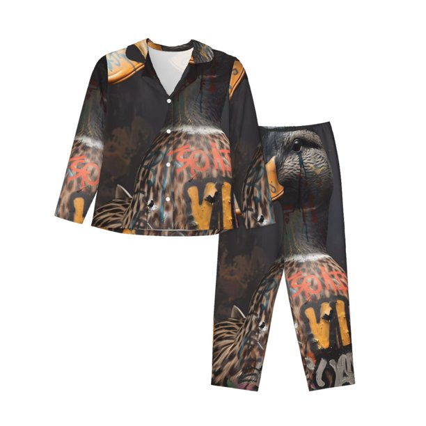 Balery Graffiti Cool Duck Conjunto de Pijama con Estampado para Mujer, Conjunto de Dos Piezas con Manga Larga, Ropa de Dormir Suave con Bolsillos, Pijamas Cómodos-Small