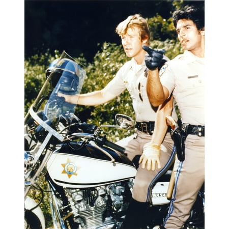 Chips Movie Scene in Police Uniform with Motorcycle and Pistol Photo