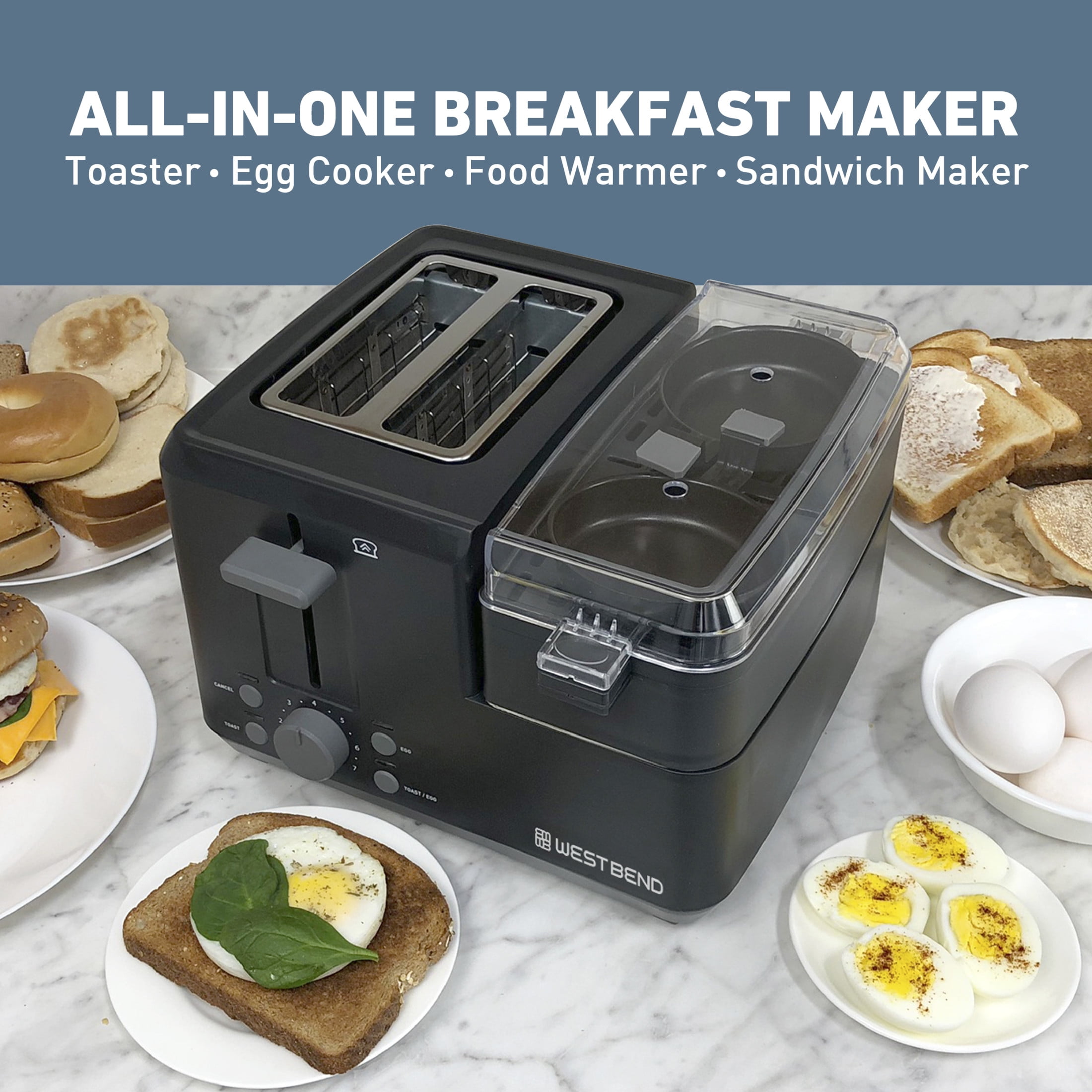 West Bend Multifunctional Breakfast Station, 2-Slice Toaster with Egg Cooker and Meat Warmer, in Black (78500)