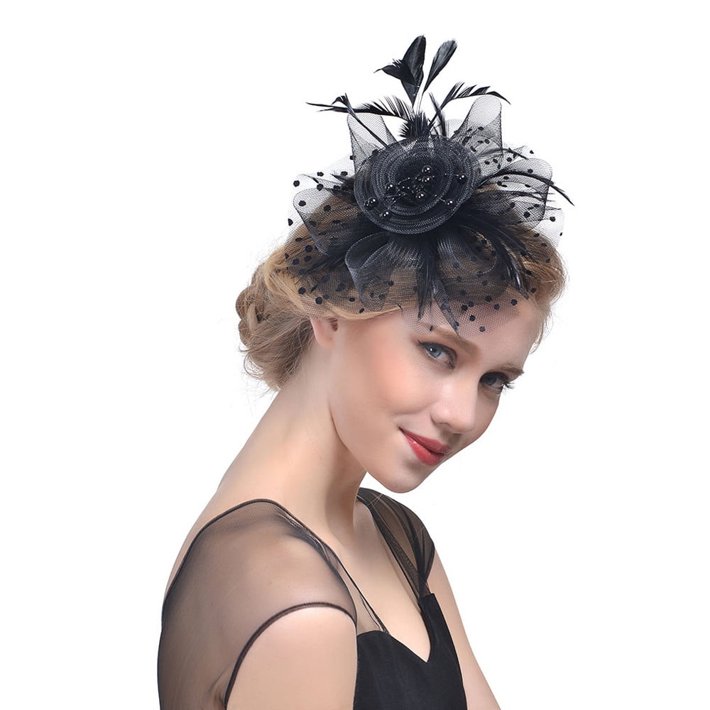 DRESHOW Fascinators Hat Flower Mesh Ribbons Feathers on a Headband and a Clip Tea Party Headwear for Girls and Women 