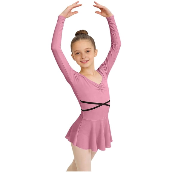 Virmaxy Solid Color Long Sleeve V Neck Ballet Dance Dress Breathable Comfort Pleated Mesh Slip Dress for Training and Performance, for 3-15Y