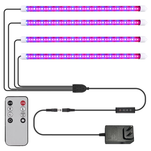 Lámpara de crecimiento Paquete de 4 luces LED de cultivo para plantas de interior Espectro completo Tira de luz impermeable para plantas 10 niveles regulables 3 modos de trabajo Temporizador 3/9/12H