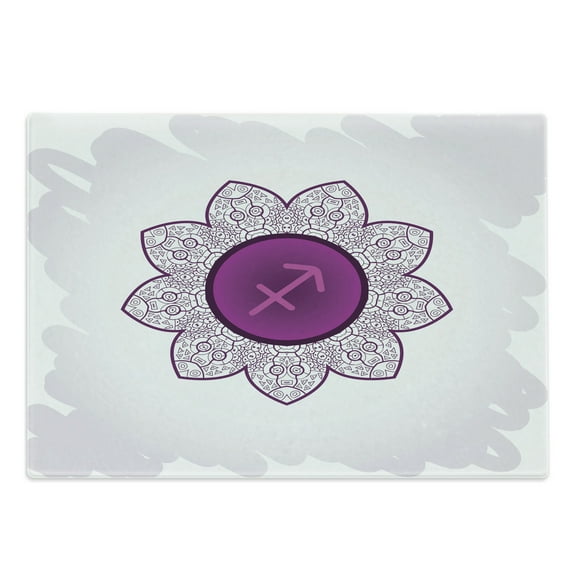 Zodiac Sagittarius Cutting Board, Oriental Mandala Design with Horoscope Floral Arrangement, Decorative Tempered Glass Cutting and Serving Board, Large Size, Purple and White, by Ambesonne