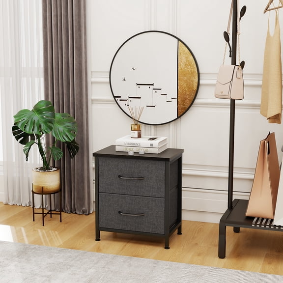 ROSVOVO Nightstand with 2 Storage Drawers, 20" Height End Table Small Bed Side Furniture, Wooden Top Fabric Cabinet Kids Night Stand Mini Dresser for Bedroom, Closet, Entryway, College Dorm