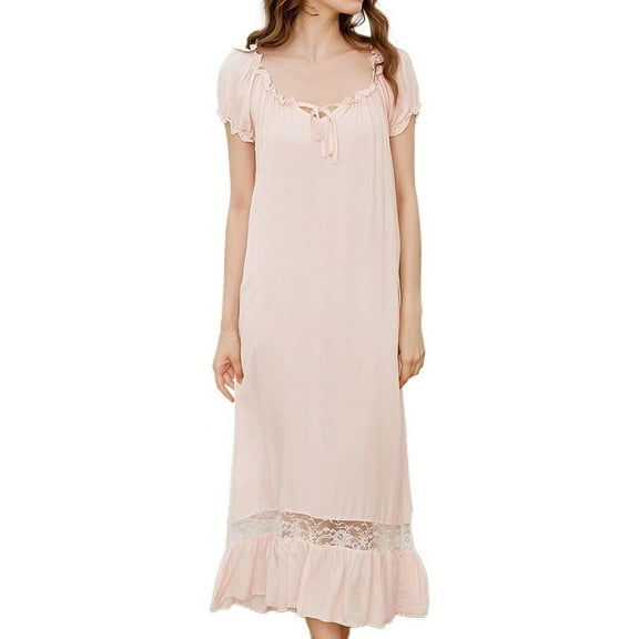 HLSOHJP Women's Cotton Victorian Nightgown Short Sleeve Pj Soft Pajama Dress Long Sleepwear Off Shoulder Sleep Shirt Frilly