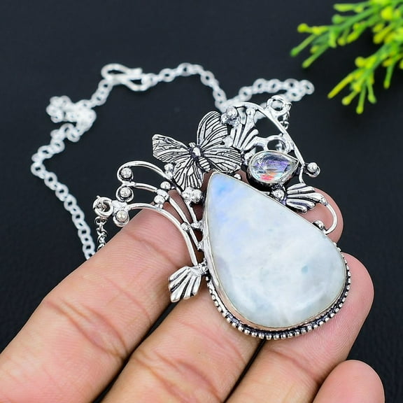 Natural Rainbow Moonstone, Mystic Gemstone 925 Sterling Silver Necklace 18"