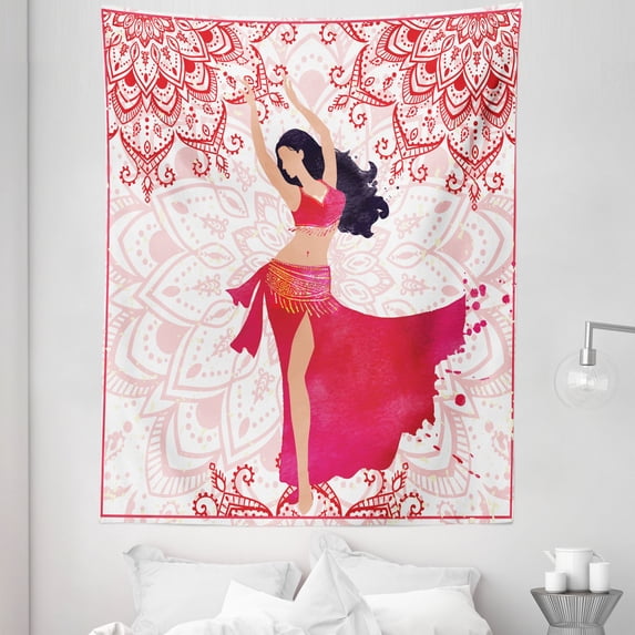 Oriental Tapestry, Belly Dancer Woman and Floral Ornaments, Fabric Wall Hanging Decor for Bedroom Living Room Dorm, 5 Sizes, Pink Vermilion, by Ambesonne