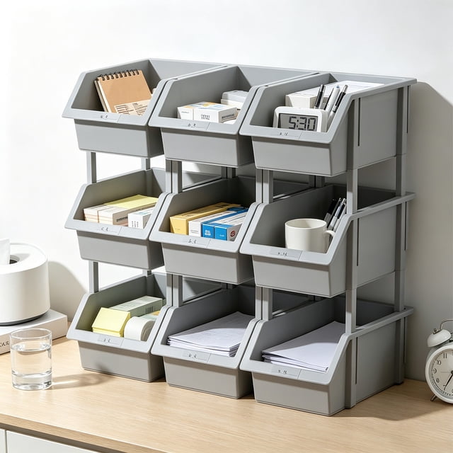 Contenedores de plástico apilables con asas, cajas organizadoras de frente abierto para garaje, despensa, taller y suministros del hogar, blanco y gris, 24.2x15.5x11 cm
