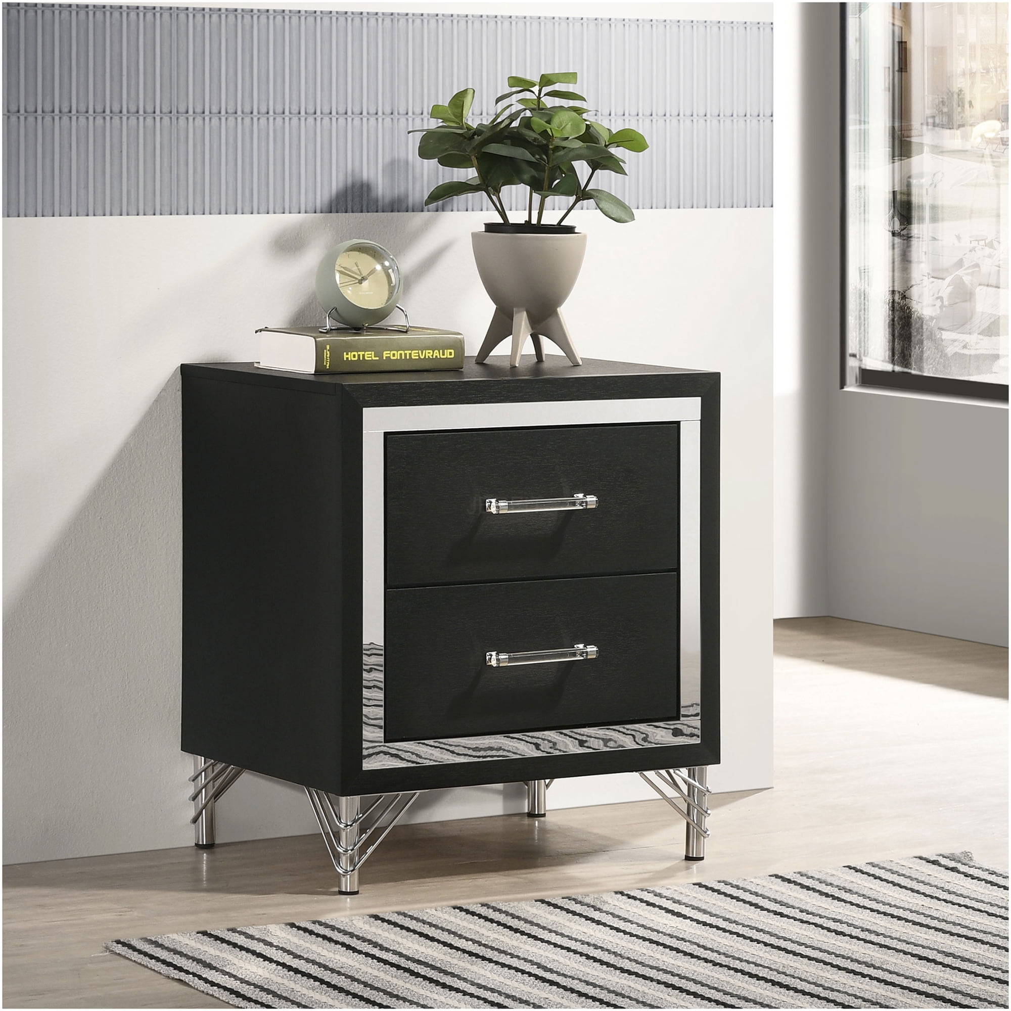 JERFIT Modern Glam Nightstand with 2 Drawers, Black Engineered Wood Bedside Table with Chrome Accents for Bedroom Storage