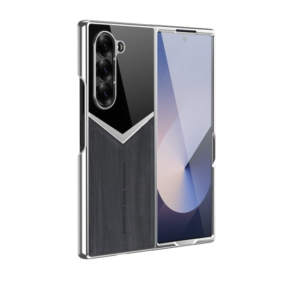 ELEHOLD Case for Samsung Galaxy Z Fold 6, Plated Wood Texture Leather Shockproof Case Built-in Screen Protector,Black