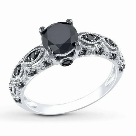 Silver Shop Women's Engagement Ring Black Cubic Ziconia 14K White Gold Finish Silver